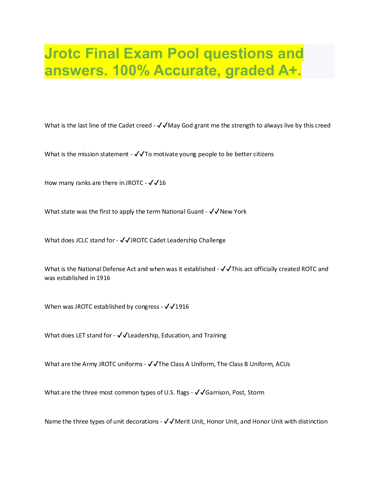 Jrotc Final Exam Pool questions and answers. 100 Accurate, graded A+